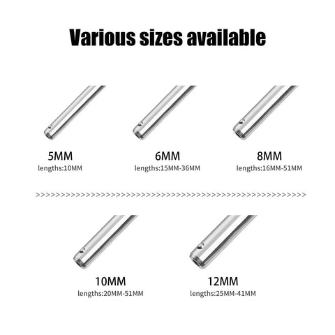Various sizes of durable steel pins for machinery; shown are 5mm to 12mm variants with varying lengths, black and silver design.