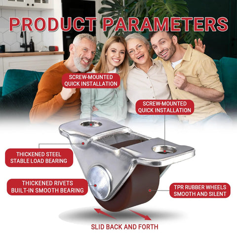 Close-up of Eight Pcs Ultra Low Profile Half Inch Mini Rigid Caster Wheels with rubber wheels and steel top plate.