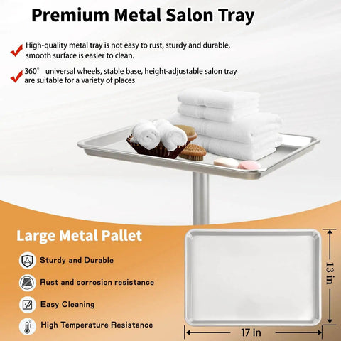 Rolling Salon Tray On Wheels For Pros In Salons And Tattoo Studios Adjustable Height Hair Stylist Cart From 22 To 38 Inches Metal Mayo Stand Tray No Rust Color Tray For Salon Medical Or Spa Use with towels and tools on metal tray