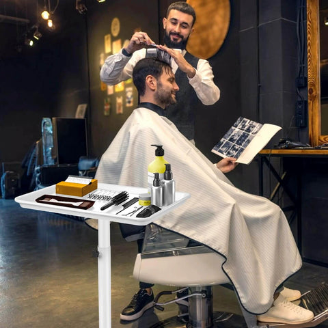 Metal Salon Rolling Tray On Wheels With Adjustable Height From 22 To 39 Inches For Tattoo, Medical, And Dental Use, holding barber tools.