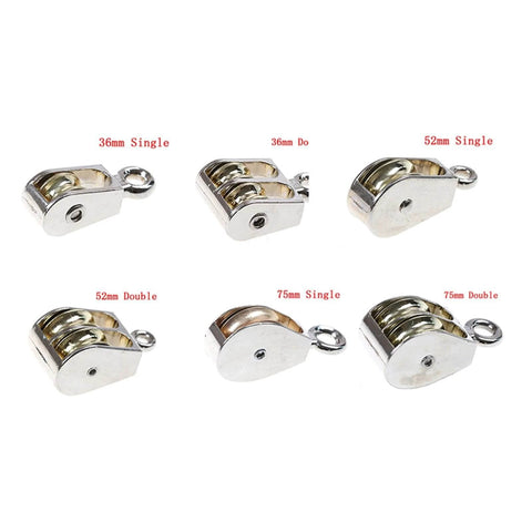 Assorted sizes of zinc alloy pulleys including 36mm Metal Sheave Zinc Alloy Fixed Pulley Crown Block and Tackle Lifting Wheel.
