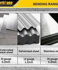 Bending options for 18 Inch Sheet Metal Folding Tool featuring cold-rolled, galvanized, and stainless steel sheets with various gauges