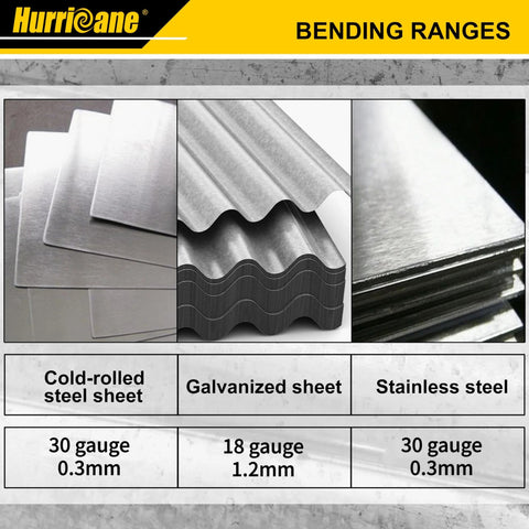 Bending options for 18 Inch Sheet Metal Folding Tool featuring cold-rolled, galvanized, and stainless steel sheets with various gauges