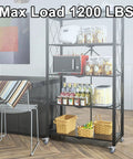 Black shelving unit with various items, supported by 5 Inch Locking Swivel Casters With Brake, 1200 lbs max load displayed.