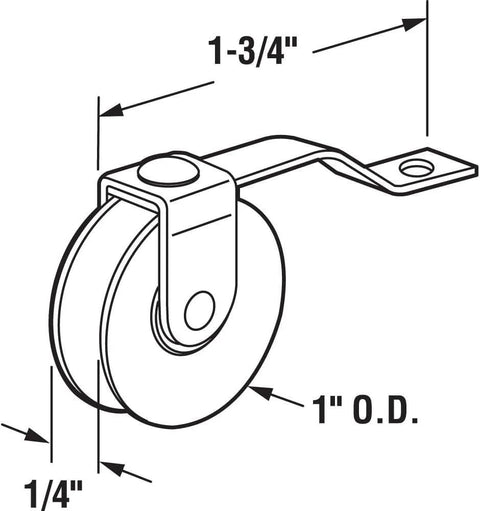 Diagram of a screen door roller with 1-inch diameter, 1-3/4 inch bracket for the 4 Pack Sliding Screen Door Rollers Replacement Kit With Steel Tension Spring Wheels Fits B638 B687 B639 B756 Doors 1 Inch Diameter Rollers Replace On Both Top And Bottom For Smooth Quiet Operation.