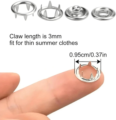 Close-up of metal snap showing claw length and size for Must Have Snap Button Kit With Five Claw Buckle Pliers For Clothing Leather Crafting And Sewing, 100 Sets Metal Snaps, Snap Fastener Tool Set, Durable Prong Snaps For Easy Garment Upgrades Abruga.