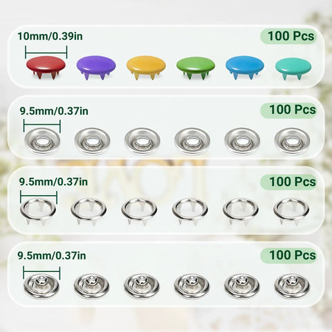 Metal Snap Button Kit For Fabric DIY Sewing 9.5mm Snaps With Pliers Press Tool, 100 Sets 402 Pcs, 10 Solid Color Options