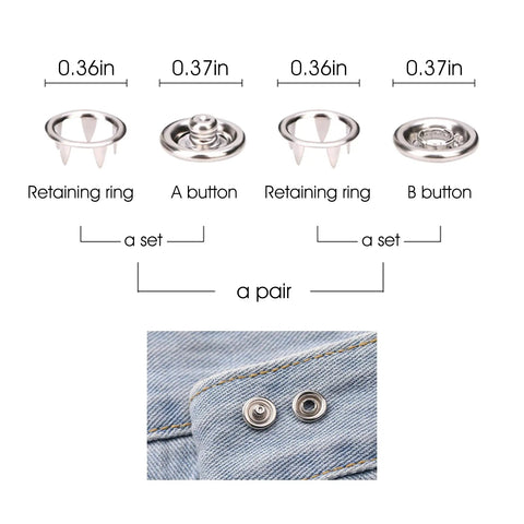 Components of the All In One Metal Snap Button Kit With Pliers For DIY Clothes Hats And Sewing, 400 Snap Pieces, 9.5mm Outer