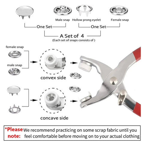 Ultimate Metal Snap Button Kit With Pliers Press Tool For DIY Clothing Hats And Sewing, 800 Pieces, 9.5mm Snap Button Diagram