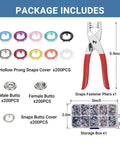 Metal Snap Button Kit With Pliers Tool Set For DIY Sewing, 9.5mm Prong Snaps, Multicolor Hollow Finish, includes pliers and storage box.