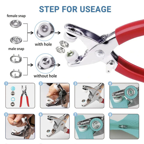 Instructional step-by-step guide using the Metal Snap Button Kit With Pliers Tool Set For DIY Sewing, 9.5mm Prong Snaps, multicolor finish.