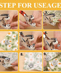 Step-by-step guide using Metal Snap Buttons Set 9.5mm Kit with Pliers Press Tool for DIY sewing crafts, showing installation on fabric.