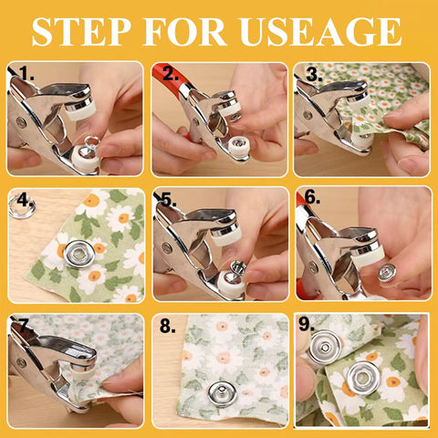 Step-by-step guide using Metal Snap Buttons Set 9.5mm Kit with Pliers Press Tool for DIY sewing crafts, showing installation on fabric.