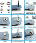 Step-by-step guide using Leather Snap Fasteners Kit 12 Set 15mm Metal Snaps with Four Install Tools for clothing, jeans, and bags.