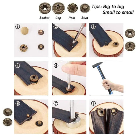 132 Sets Leather Snap Fasteners Kit 12.5 mm Metal Snaps With 4 Fixing Tools instruction steps by MSDADA