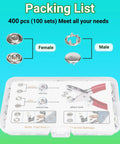 Packaging of Metal Snap Button Kit For Fabric DIY Sewing 9.5mm Snaps With Pliers Press Tool, 100 Sets 402 Pcs, hardware components visible.