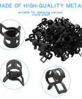 50 Pack 8mm ID Spring Band Clamps For Fuel Hose, Air Tube And Water Line, shown in black metal with 8mm band width, detailed views