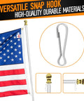 60 Pieces Nickel Plated Metal Spring Hook Buckles Snap Hanging Clips for Zippers Key Chains Plant Hangers and DIY Projects in Three Sizes 20mm 30mm and 40mm Durable Rust Resistant shown holding a flag on a pole.