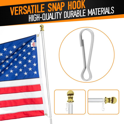 60 Pieces Nickel Plated Metal Spring Hook Buckles Snap Hanging Clips for Zippers Key Chains Plant Hangers and DIY Projects in Three Sizes 20mm 30mm and 40mm Durable Rust Resistant shown holding a flag on a pole.