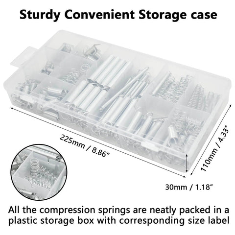 200 Piece Spring Assortment Kit With 20 Different Size Zinc Plated Extension And Compression Springs in plastic storage box