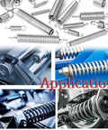 Assorted metal springs for machinery and vehicles, featuring close-up applications and usage settings on mechanical devices and engines.