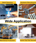 Collage showing metal stamping, hardware manufacturing, mechanical production, and kitchen gap filler decoration applications
