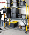 Warehouse rack with yellow shelving and 5 Inch Caster Wheels No Brake Stem Casters Set of 4 Heavy Duty Swivel Castors, holding black storage bins.