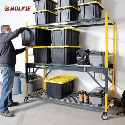 Warehouse rack with yellow shelving and 5 Inch Caster Wheels No Brake Stem Casters Set of 4 Heavy Duty Swivel Castors, holding black storage bins.