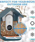Two Pack Metal Suet Ball Holders For Bird Buddy Smart Feeders with blue plate oil ball holder installed on feeder in snowy setting