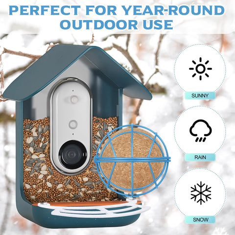 Two Pack Metal Suet Ball Holders For Bird Buddy Smart Feeders with blue plate oil ball holder installed on feeder in snowy setting