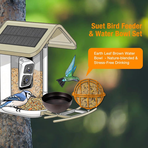 Outdoor smart bird feeder with Metal Two In One Suet Ball Holder And Water Bowl For Birds, featuring 5mm screw holes, round suet feeder.