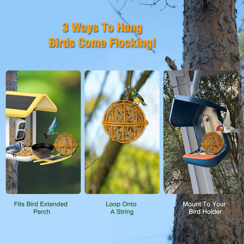 Three ways to hang Metal Two In One Suet Ball Holder And Water Bowl For Birds For Outdoor Use on feeders and trees.