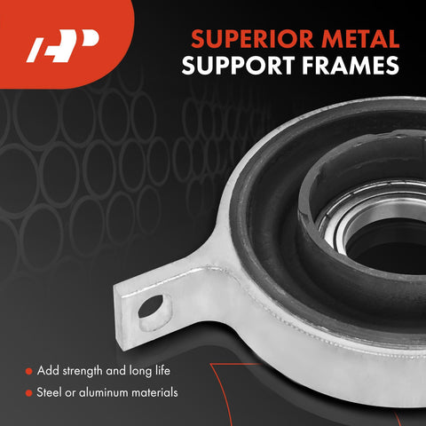 Close-up of Beefed Up Center Mount Drive Shaft Center Support Bearing For BMW Fits 535i 535i GT 640i 640i Gran Coupe 740i 740Li 760Li 640i xDrive 2010 To 2018 3L 6L RWD AWD Replacement Carrier Bearing 26127564695 with metal support frames.