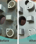 Before and after effect of 80 Grit Aluminum Oxide Blast Media in an 8 lb bucket on metal surface, showing rust removal and clean finish.