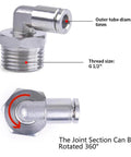 Metal pipe fitting with 6mm outer tube diameter and G 1/2" thread size, featuring a 360-degree rotatable joint section.