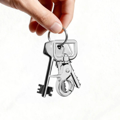 Hand holding keyring with heavy duty swivel snap hook 2.24 inch length, attached with keys, showcasing 360 degree tangle free swivel.