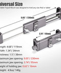 Full Metal Tablet Tripod Holder With Universal Clamp And Arca Swiss Dovetail Mounts dimensions and adjustment range diagram.