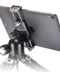 Full Metal Tablet Tripod Holder With Universal Clamp And Arca Swiss Dovetail Mounts for iPad on tripod, secure locking lever visible
