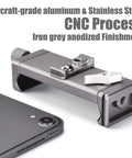 Full Metal Tablet Tripod Holder with Universal Clamp and Arca Swiss Dovetail shown with aircraft-grade aluminum and stainless steel, iron grey anodized finish.