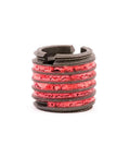 Close-up of Heavy Duty Self-Locking Metal Threaded Inserts 12L14 Carbon Steel 7/16-14 Internal Threads 5/8-11 External Threads 0.656 Inch Long Pack Of 5 Easy Install With Standard Tools By E-Z LOK showing red inner coating