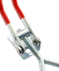 Durable latch set with metal clip and plastic grip handle provides a secure, comfortable grip; small side-mount toggle clamp close-up