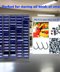 Bolt and Nut Tool Storage Cabinet 75 Drawers Parts Cabinet Contains Assortment KIT Metal Organization Shelves in garage setting.