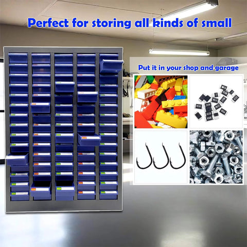 Bolt and Nut Tool Storage Cabinet 75 Drawers Parts Cabinet Contains Assortment KIT Metal Organization Shelves in garage setting.