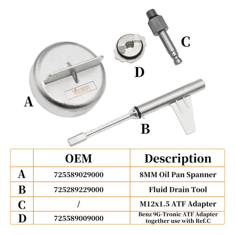 Mercedes 9G Tronic Transmission Oil Fill Kit components shown including oil pan spanner and ATF adapter for 9-speed transmissions.