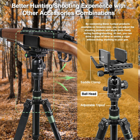 All Metal 36mm Tripod Ball Head for Rifle Rests and Shooting Sticks installed on a rifle with saddle clamp in a wooded setting