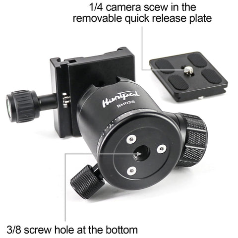 All Metal 36mm Tripod Ball Head for Rifle Rests with Arca Swiss Quick Release Plate, showing 1/4 screw and 3/8 thread mount
