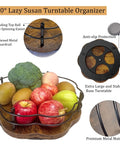 13 Inch Lazy Susan Turntable Organizer With Higher Metal Guardrails 360 Degree Rotating Wooden Storage with fruits displayed.