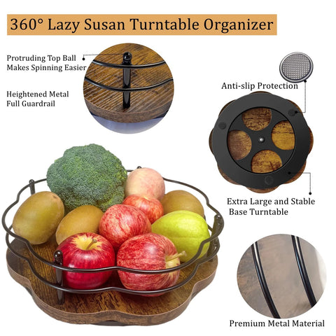 13 Inch Lazy Susan Turntable Organizer With Higher Metal Guardrails 360 Degree Rotating Wooden Storage with fruits displayed.