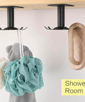 2 Pcs Under Cabinet Metal Utensil Hanger with 6 Rotatable Claws, shown installed holding shower items, black metal design.