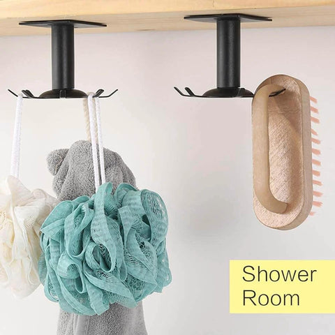 2 Pcs Under Cabinet Metal Utensil Hanger with 6 Rotatable Claws, shown installed holding shower items, black metal design.